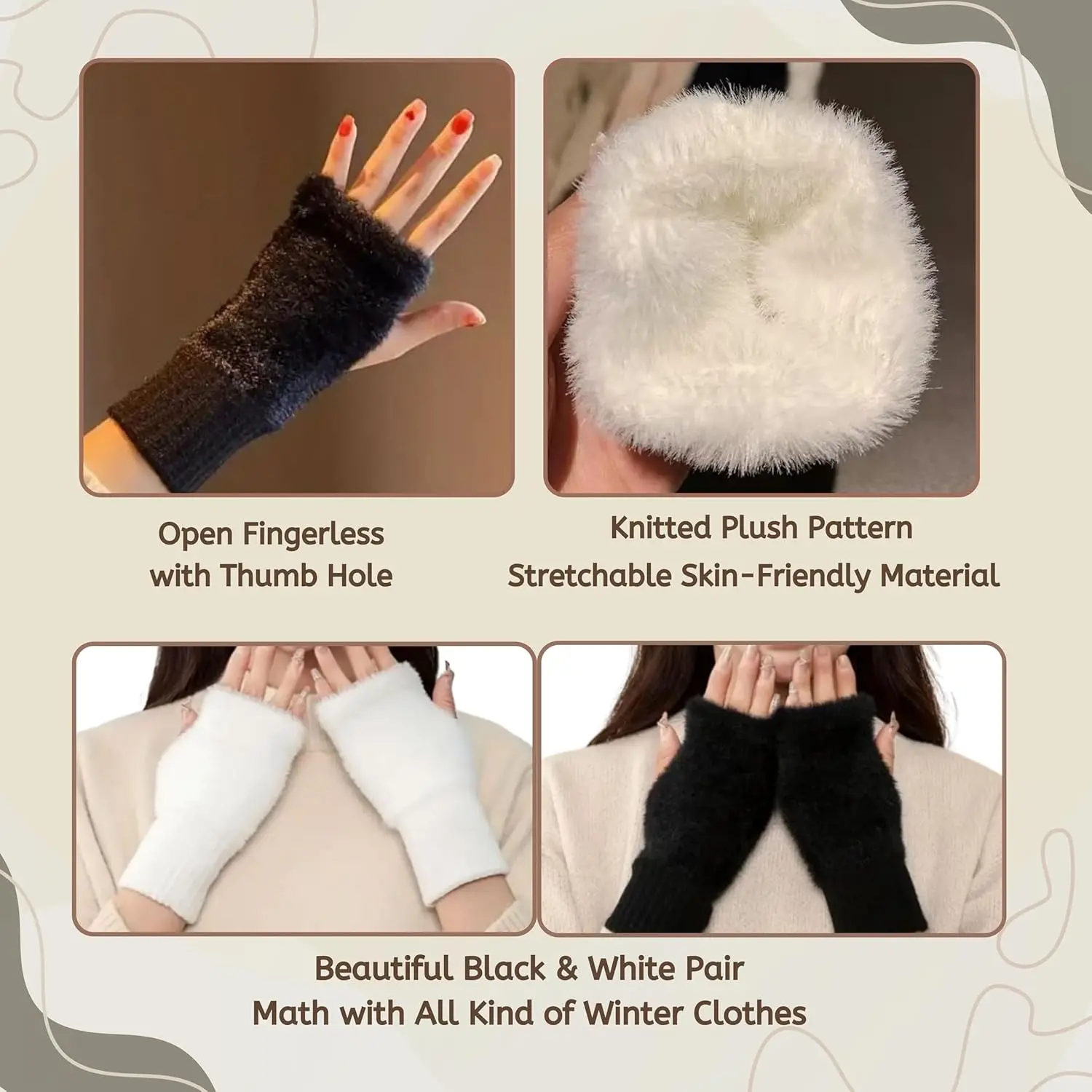 1pair Winter Warm Fingerless Gloves for Women, Thumb Hole, Stretchable Soft Plush with Knitted Cuff, Soft Skin Friendly Mitten