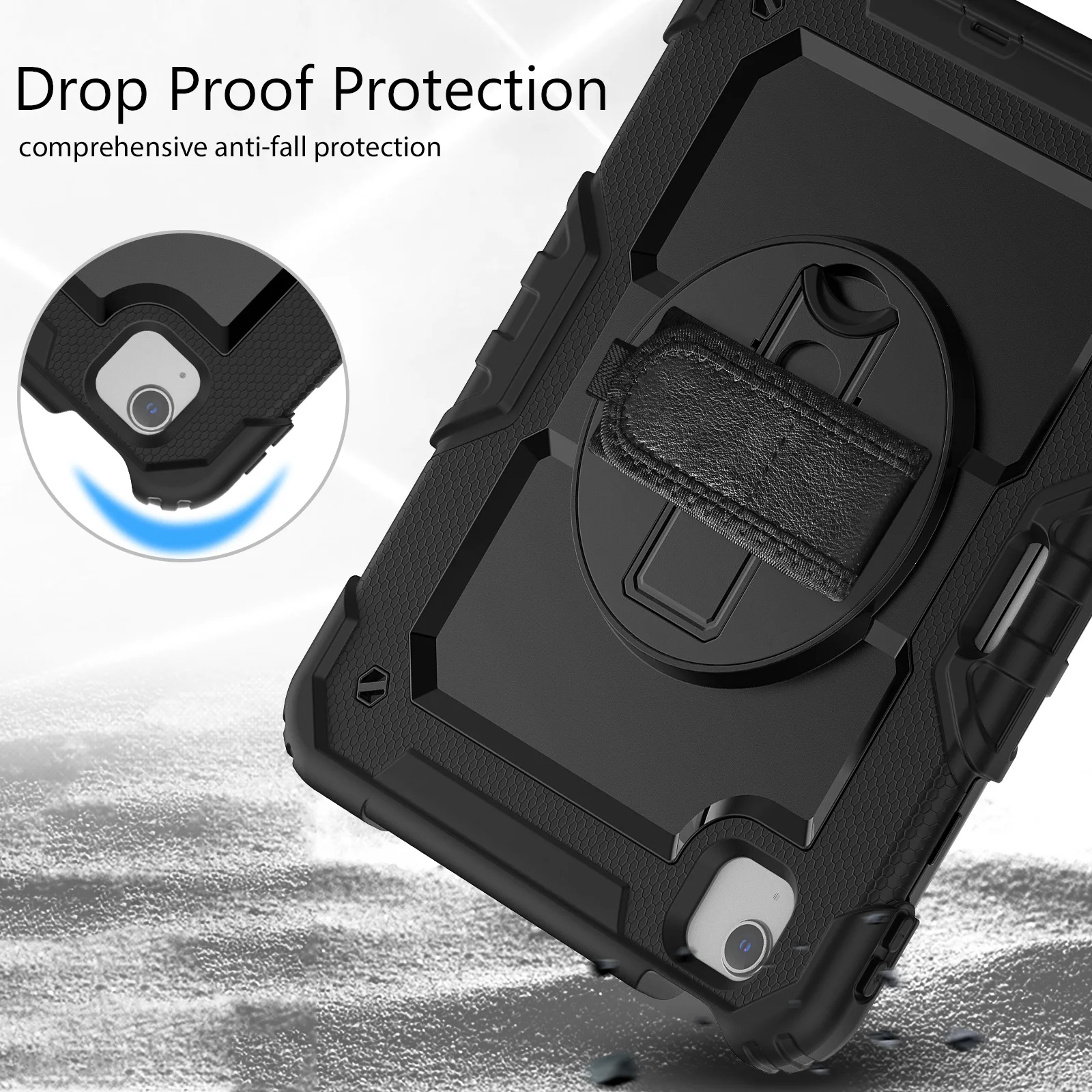 Shockproof Tablet Case with Screen Protector and 360° Rotating Hand Strap, Featuring Pencil Holder