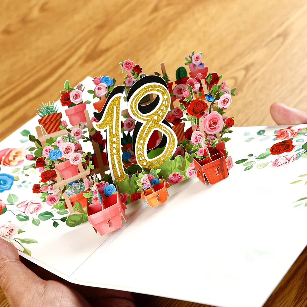 Cartoon 3D Ballon Greeting Card Blossom Pop Up 1/10/18/20/30/40/50/60/70/80/90/100 Anniversary Card for Birthday Valentine's Day