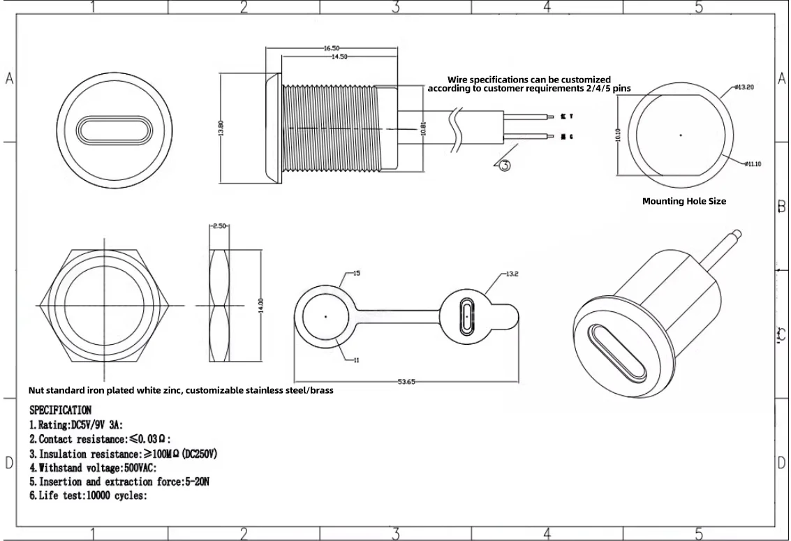 Description Picture 3 of item2/4 Pins With 15cm Wire TYPE-C USB Connector Waterproof Female Seat With PH2.0 Terminal Nut Lock Plate
