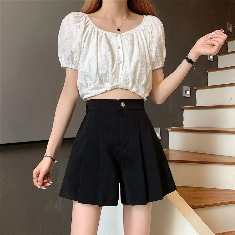 ladies clothes 2022 Women's Summer Fashion High Waist Pleated Shorts Female Casual Loose Wide-leg Shorts Ladies Solid Color Suit Shorts S37 plus size womens clothing