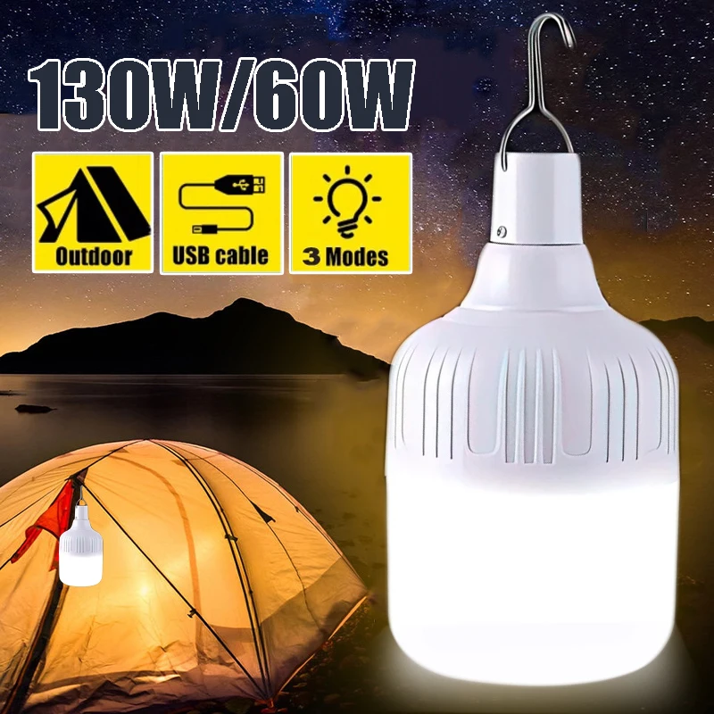 

130W/60W Outdoor LED Bulb Light 3 Modes Movable Bulb USB Rechargeable Emergency Lights Night Fishing Camping Tent Lights