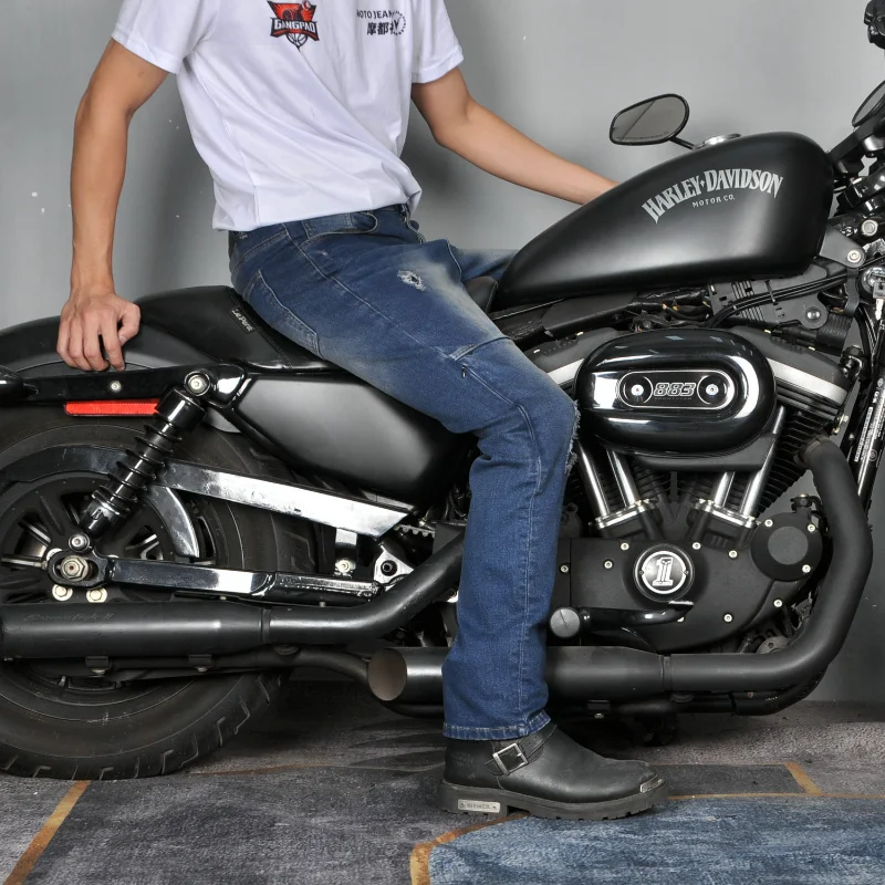 윈엑스 휠스 남성용 빈티지 디스트레스드 립드 모터사이클 진, 워싱드 페이디드 스트레이트 레그 엑스트라 롱 라이딩 팬츠 (보호 기능 포함)