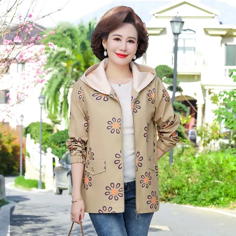 Long Trench Coat in Spring And Autumn 2023 New Printed Middle-Aged Women's Fashion Hooded Coat Casual Coat In Spring And Autumn