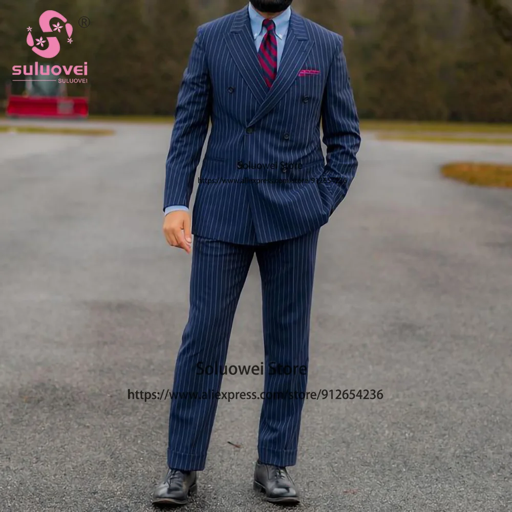 Fashion Stripe Double Breasted Tuxedos 2 Piece Jacket Pants Set Business Blazer Formal Groom Wedding Peaked Lapel Suits For Men
