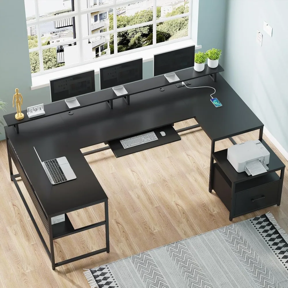 U Shaped Desk, Reversible L Shaped, Home Office, File Drawer, Power Outlet, 101.5" Computer Desk, Two Person, Monitor Shelf 6