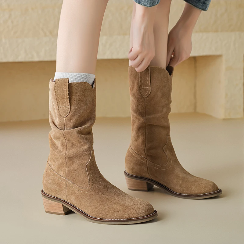 

Vintage Leather Pleated Western Cowboy Boots Round Head Coarse Heel Frosted Leather Knight Boots Sexy Women's Boots 34 & 44