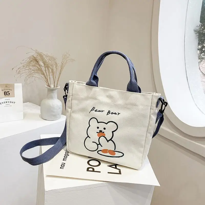 Custom  Japanese Ins Style One-Shoulder Crossbody Bag Bear Cute Handbag Female Student Canvas Bag Class Storage Big Bag