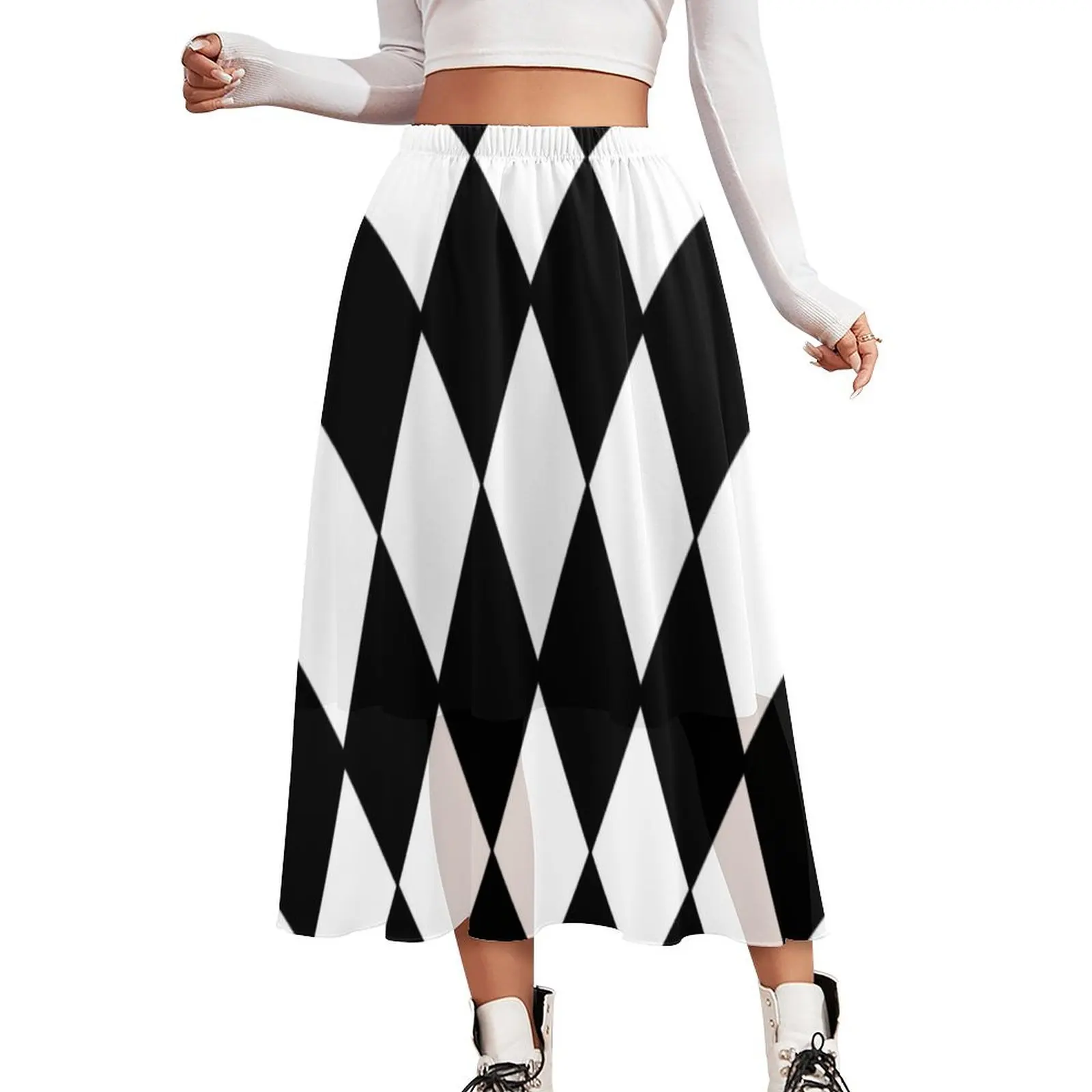 

Черно-белая клетчатая винтажная юбка в стиле бохо с принтом, летняя уличная одежда, шифоновая юбка-трапеция оверсайз с эластичным поясом