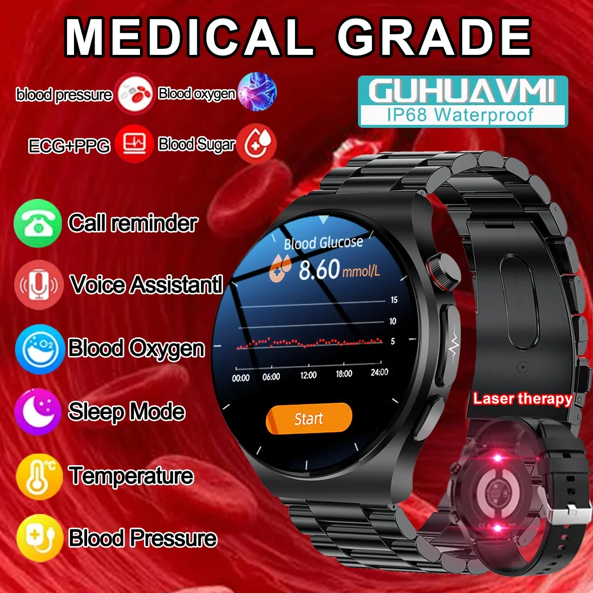 2024 Nuovo Ecg + Ppg Blood Sugar Bluetooth Call Smart Watch Men Full Touch Screen Blood Lipid Acido Urico Smartwatch Per La Salute Della Frequenza Car