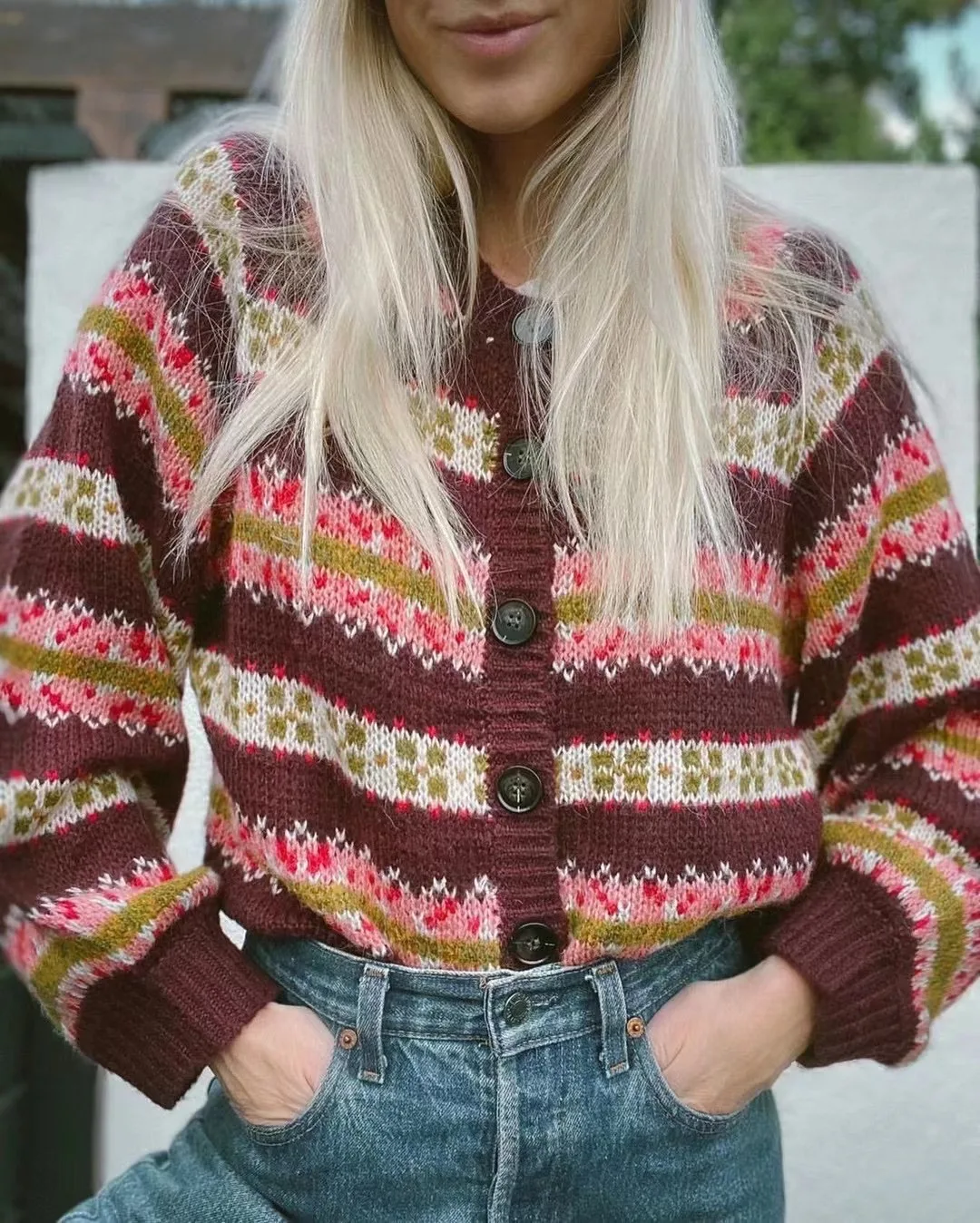 

Women Contrast Color Cardigan Striped Floral Pattern Vintage Single Breasted Knitted Sweater
