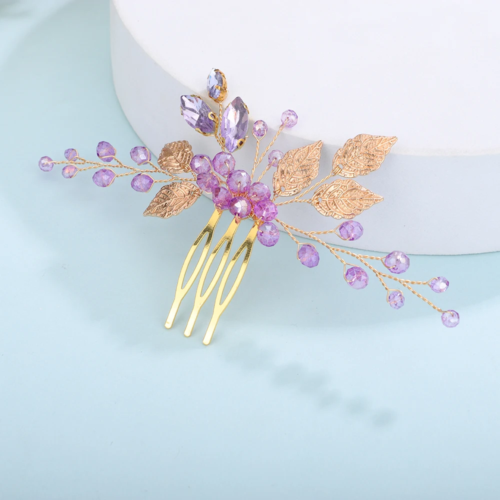 Purple Silver Crystal Leaf Hair Comb Prom Party Rhinestone Women Headpieces Wedding Accessories Bridal Headwear Bridesmaid Gift hair accessories bridal hair accessories