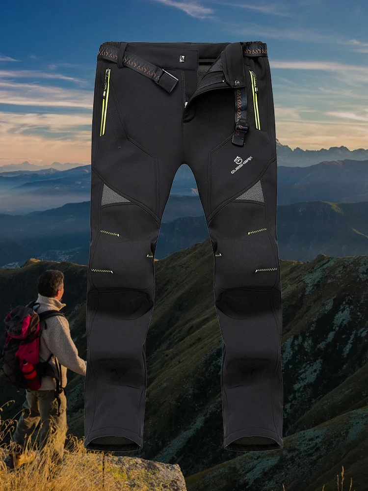 Cycling Pants QUESHARK Men Warm Fleece Soft Shell Windproof Waterproof Cycling Pants Thermal Riding Bike Bicycle Camp Climb Hiking Trousers