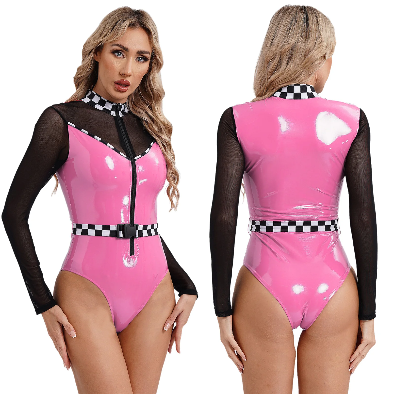 thumbnail image 1 of Lencería para mujer, mono de látex de charol, mono de malla transparente con cremallera frontal, mono de Cosplay con cinturón para conductor de carreras de velocidad, 1 of 5