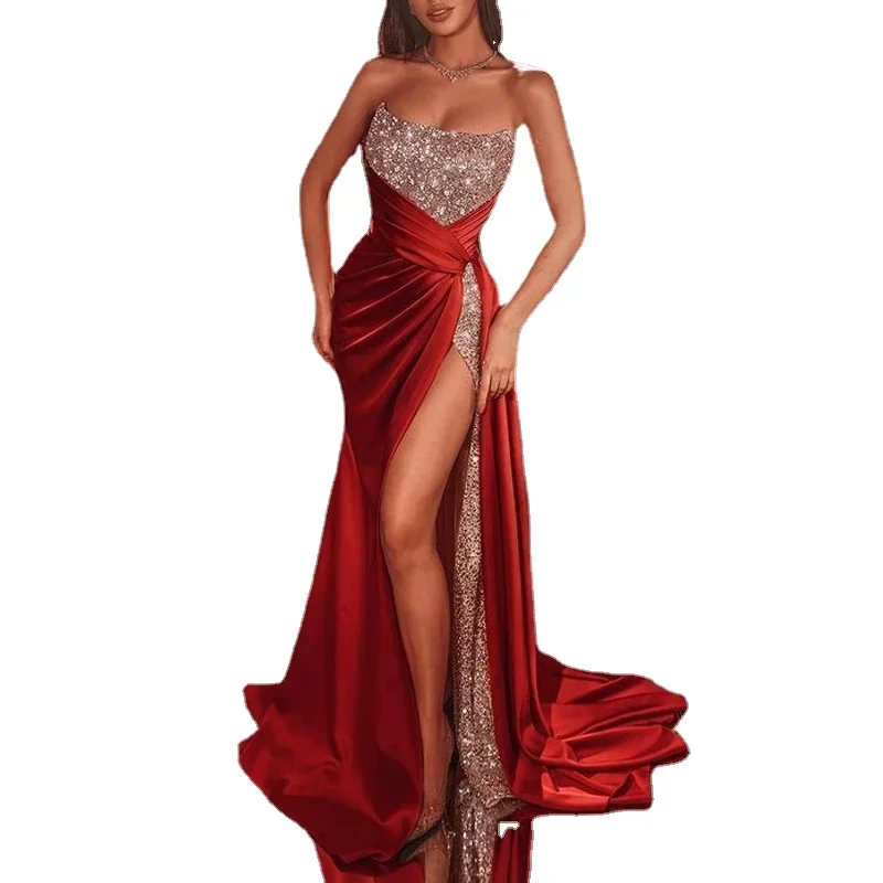 

Женское вечернее платье с разрезом и блестками, Красное длинное платье без бретелек, с широкой юбкой-качели, без рукавов, официальное вечернее коктейльное платье