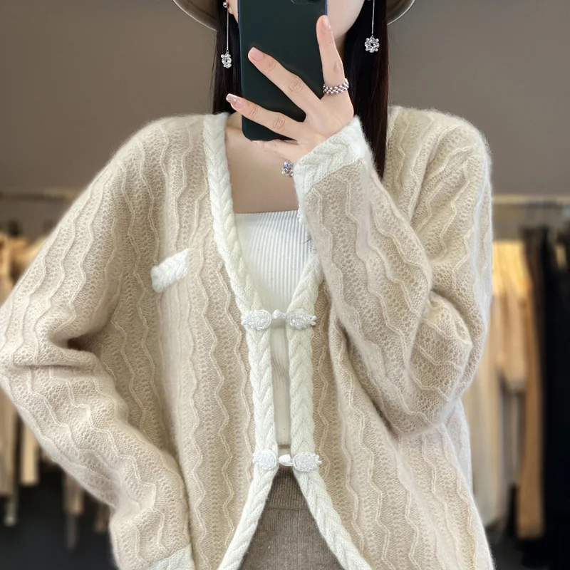 

Contrast Coat 100% Merino Wool Garment Women's V-Neck Knitted Cardigan Fashion Twisted Top 2023 Autumn Winter Warm Luxury Jacket