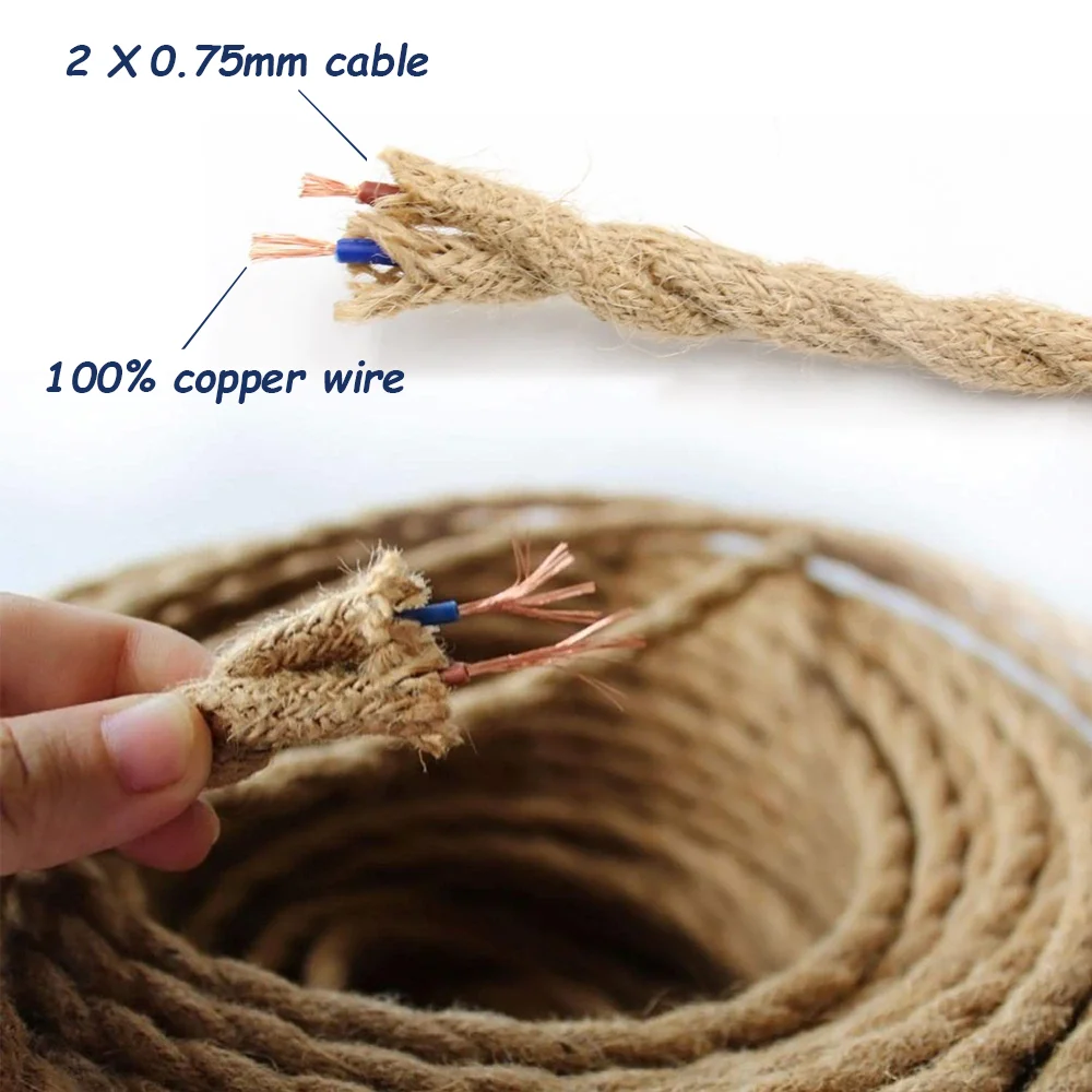 Genixgreen DIY Twisted Cord Lamp Base Rope Electrical Wire 2 Core 2M 3M E27 EU Plug Plastic Socket Vintage ON OFF Switch Cable lamp base