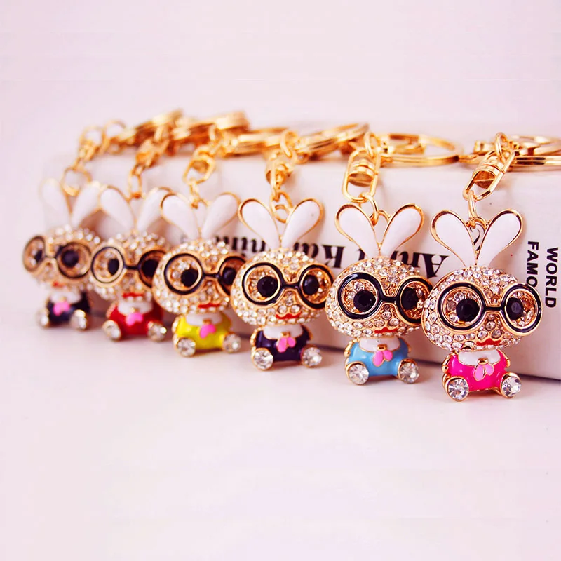 

Cute Rabbit Cartoon Glasses Car Keychain Three-dimensional Hollow Design Gift Decoration Inlaid Crystal Best Friend's Birthday