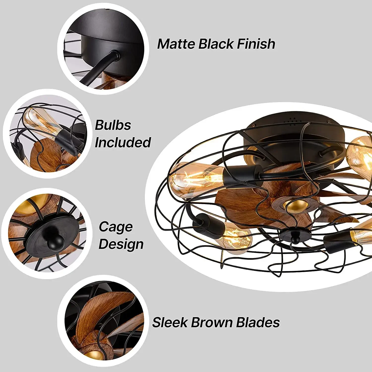 Retro bedroom ceiling fan with light remote control thin cage pendant light Living room wooden blade iron ceiling fan with