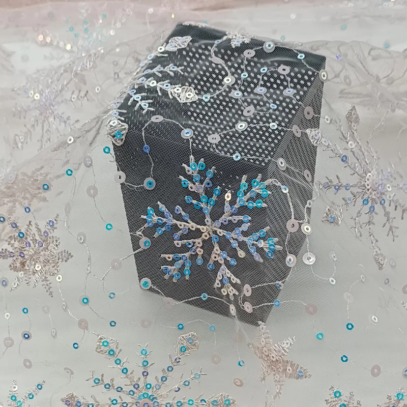 High Quality Blue Snowflake Sequin Mesh Embroidery Fabric Haute