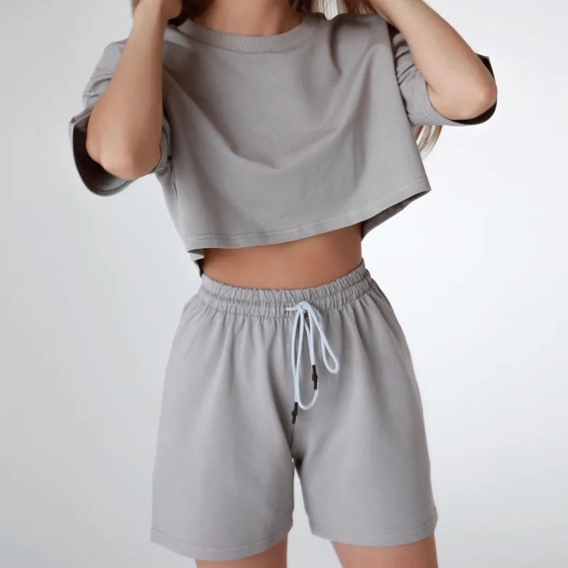 2024 New Spring and Summer Solid Color Suit Casual Loose Waist Short-sleeved Rope Shorts Women Two Piece Sets Womens Outifits