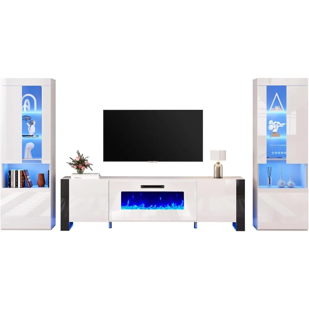 Fireplace TV Stand 70" 36" Electric Fireplace 2 Large Storage LED Bookcases 3 Piece Living Room Entertainment Center