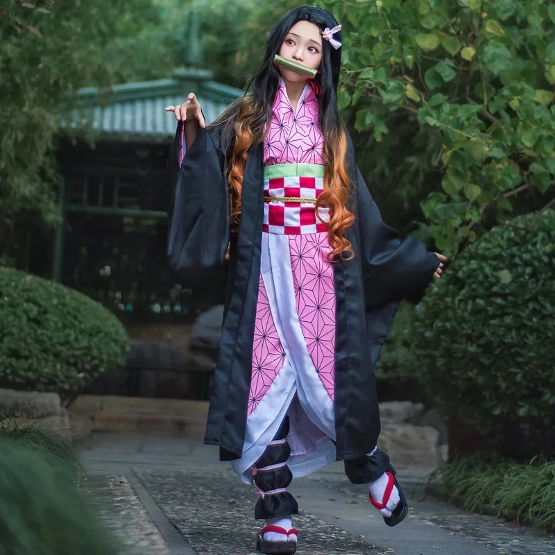 Cosplay Costume Anime Kamado Nezuko Pruik Cosplay Gradi&euml;nt Lang Haar Uniformen Accessoires Hittebestendige Synthetische Pruiken