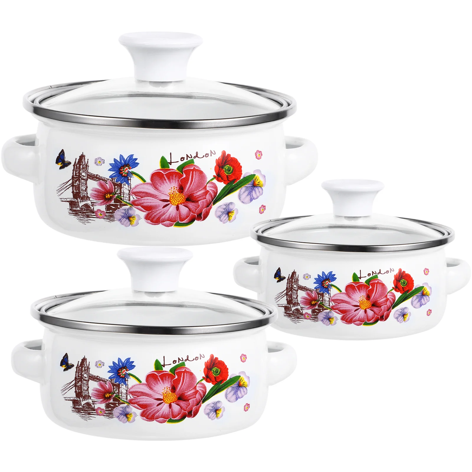 

Kitchen Enamel Stockpot Lid 3Pcs Retro Flower Stew Bean Cooking Pot Vintage Soup Pot Handles Nonstick Simmer Pot