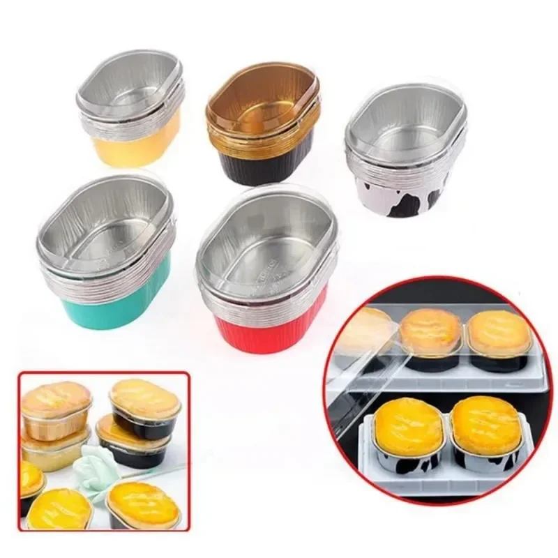 10Pcs Oval Foil Baking Molds DIY Baking Pudding Cups Heat Resistant Lid Cake Cups Half Cooked Cheese Molds
