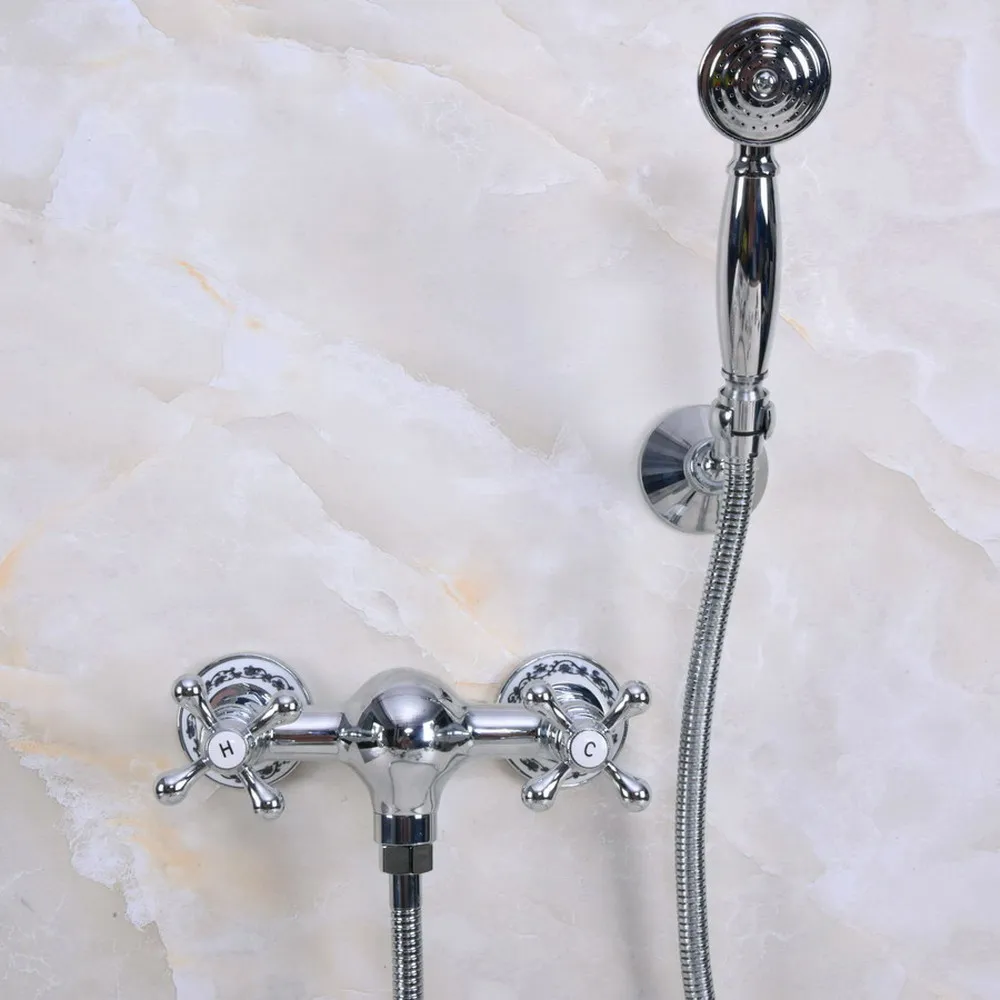 

Polished Chrome Brass Wall Mount Bathtub Faucet with Handheld Shower Set +1500MM Hose Mixer Tap 2na275