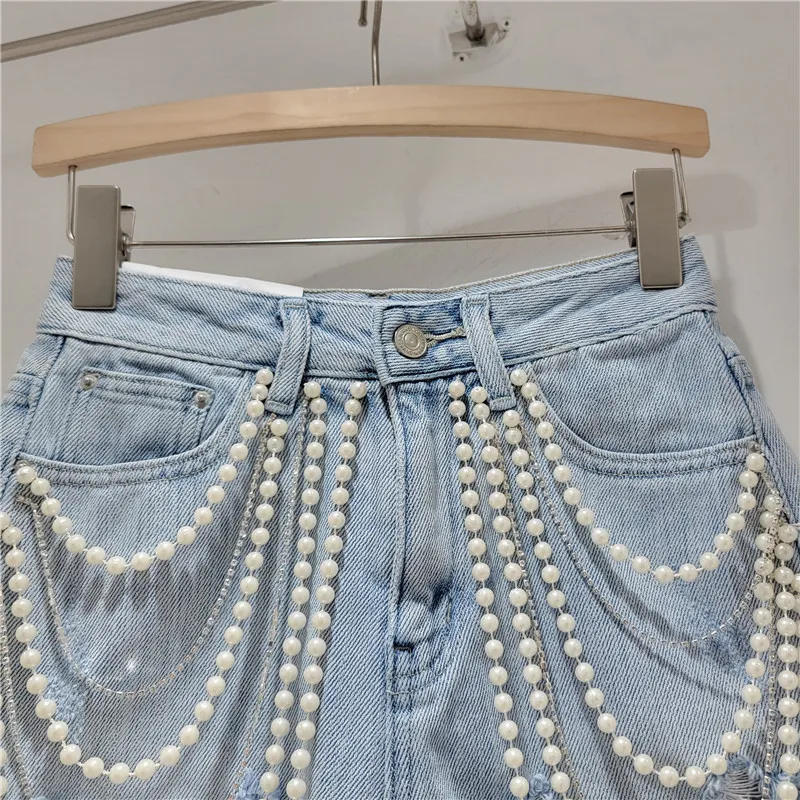 Handmade Chain Beaded Frayed Washed Cotton Denim Shorts Women 2024 Summer New Korean Style High Waist Slimming Hot Pants