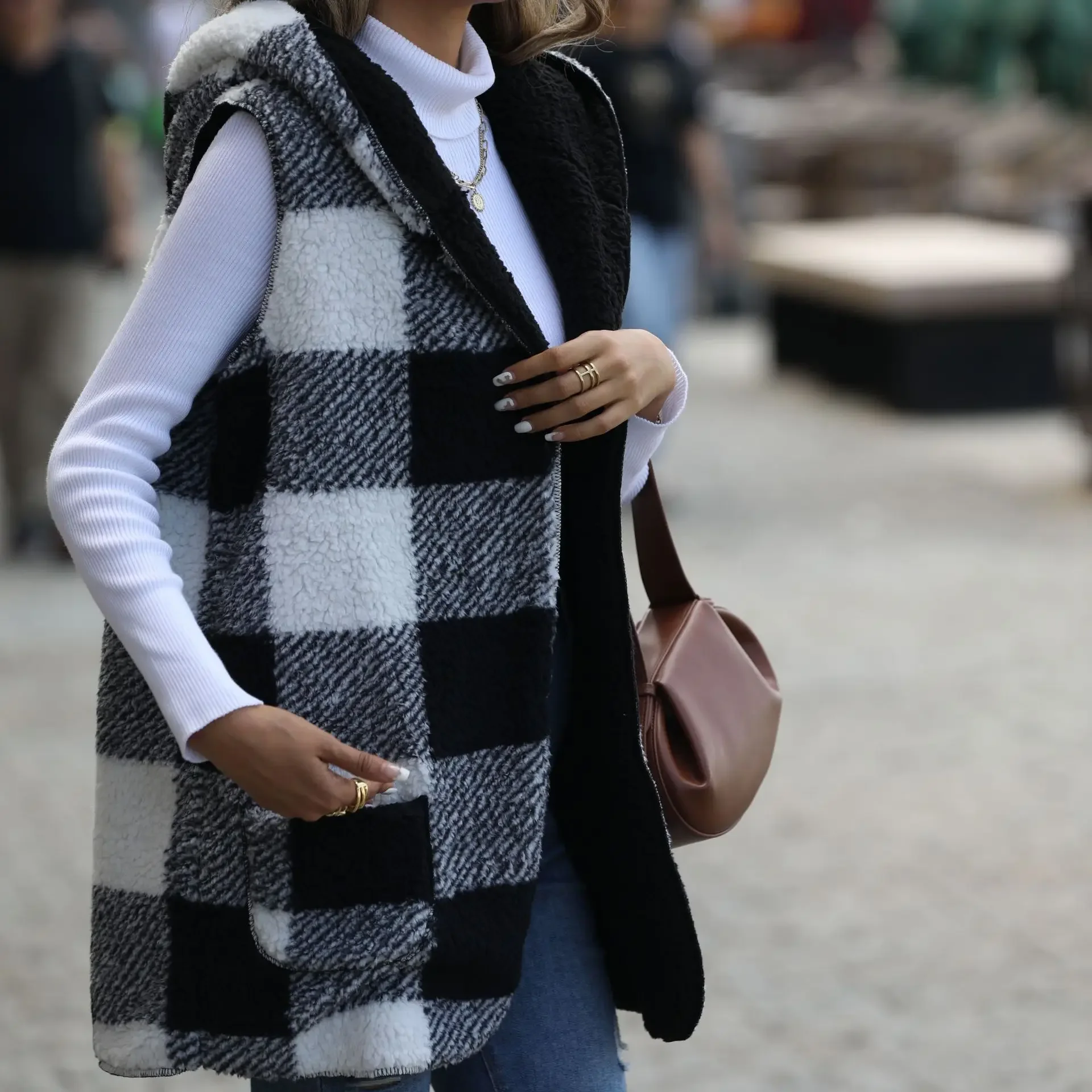 Casual Women's Hooded Sleeveless Plaid Double Sided Velvet Loose Jacket