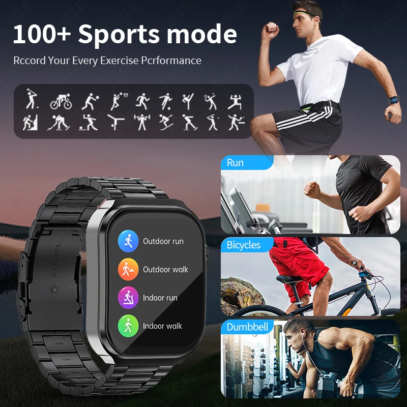 LIGE New AI Healthy Diagnosis Blood Lipids Uric Acid Smart Watch 2.2" Curved Screen Men Voice Bluetooth Call Health Smartwatch