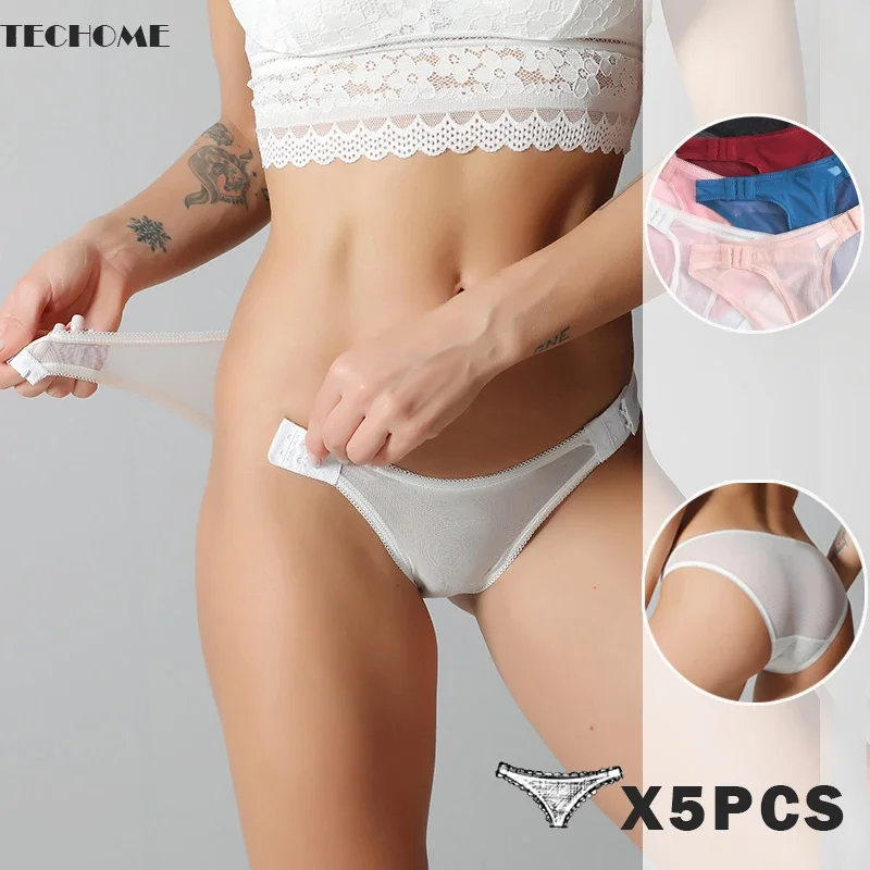 

TECHOME 5PCS Women Mesh Briefs Open Button Ice Silk Thong Low Waist Seamless Metal Ring Panties Sexy Japanese Thongs