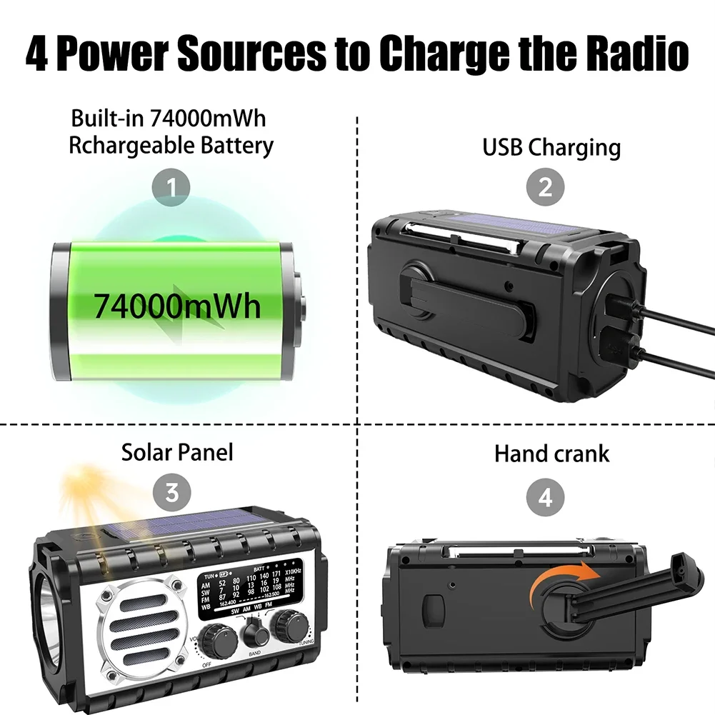 20000mAh 다기능 비상용 태양열 크랭크 라디오 야외 AM/FM/SW/NOAA 기상 라디오 손전등 SOS 알람 모바일 보조 배터리