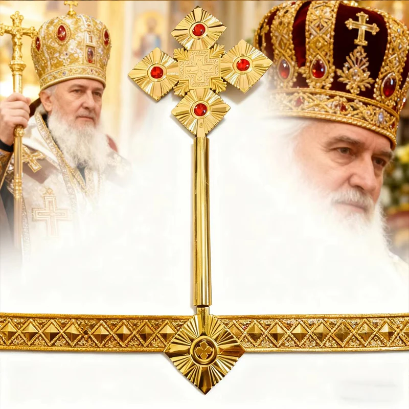 Östliche orthodoxe Metallkreuzzepter, religiöse Zeremonie, Sakramentfeier, eingelegt mit hellem Rubin, klassischer religiöser Glaube – Detail 10