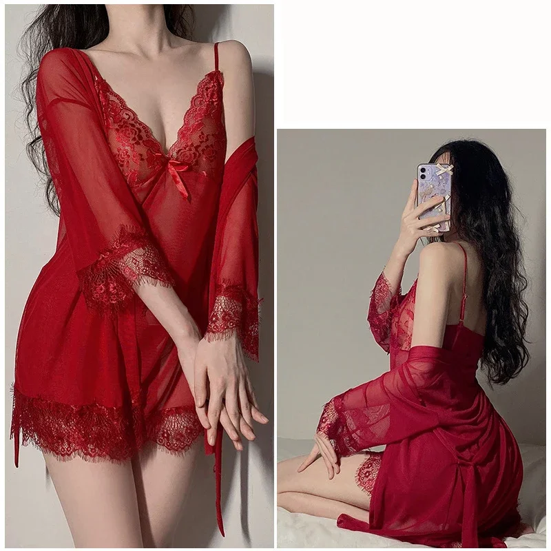 Top Fashion Four Piece Sexy Suspender Sleep Dress Lace Transparent Night Dress Spaghetti Strap Nightdress Women Nightgown
