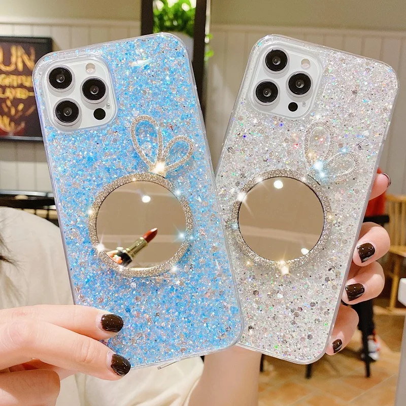 Custodia Per Telefono Fashion Bling Glitter Per Realme Gt Master Edition Diamond Rabbit Ear Mirror Smd Tpu Cover Posteriore Morbida Per Rmx3363