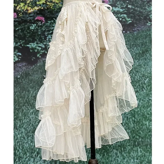 Double Layered Lolita Waist Curtain Sheer Cover Up High Low Skirt w. Asymmetrical Ruffles 1