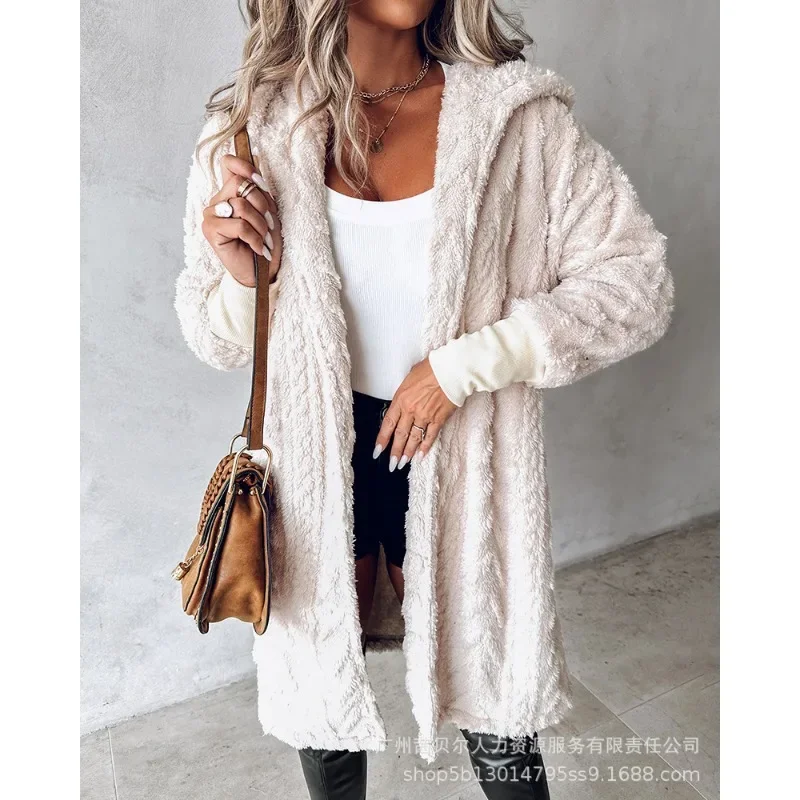 

Women Solid Color Fuzzy Textured Autumn Jackets Y2K Plush Long Sleeve Coat Outwear Coats Buttoned Fleece Hooded Coats