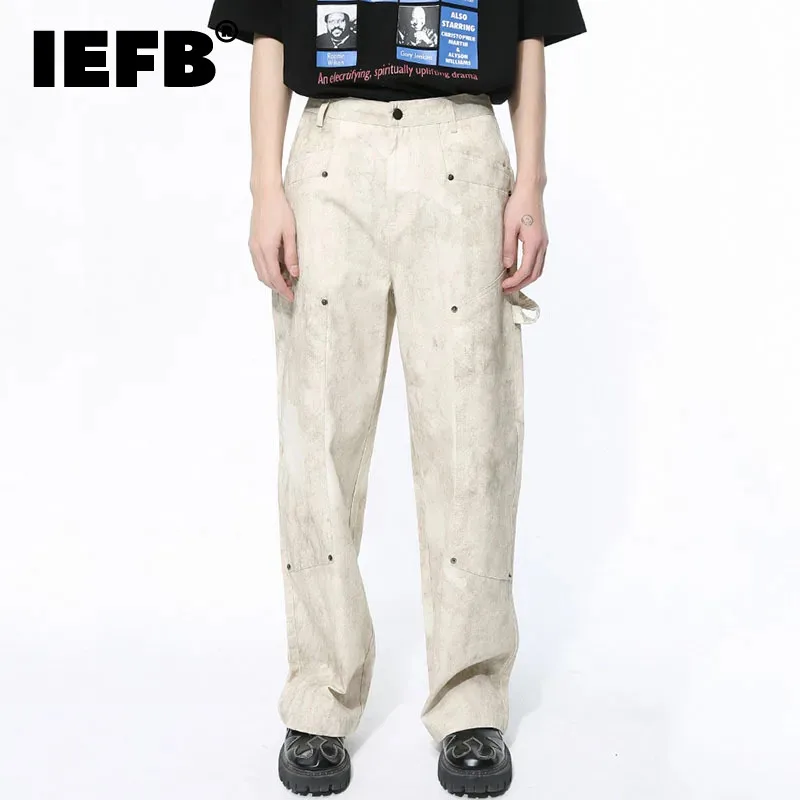

IEFB Print Male Casual Straight Pants Vintage Patchwork Rivet Design Solid Color Worn Out Men's Wide Leg Trousers Spring 9C4656