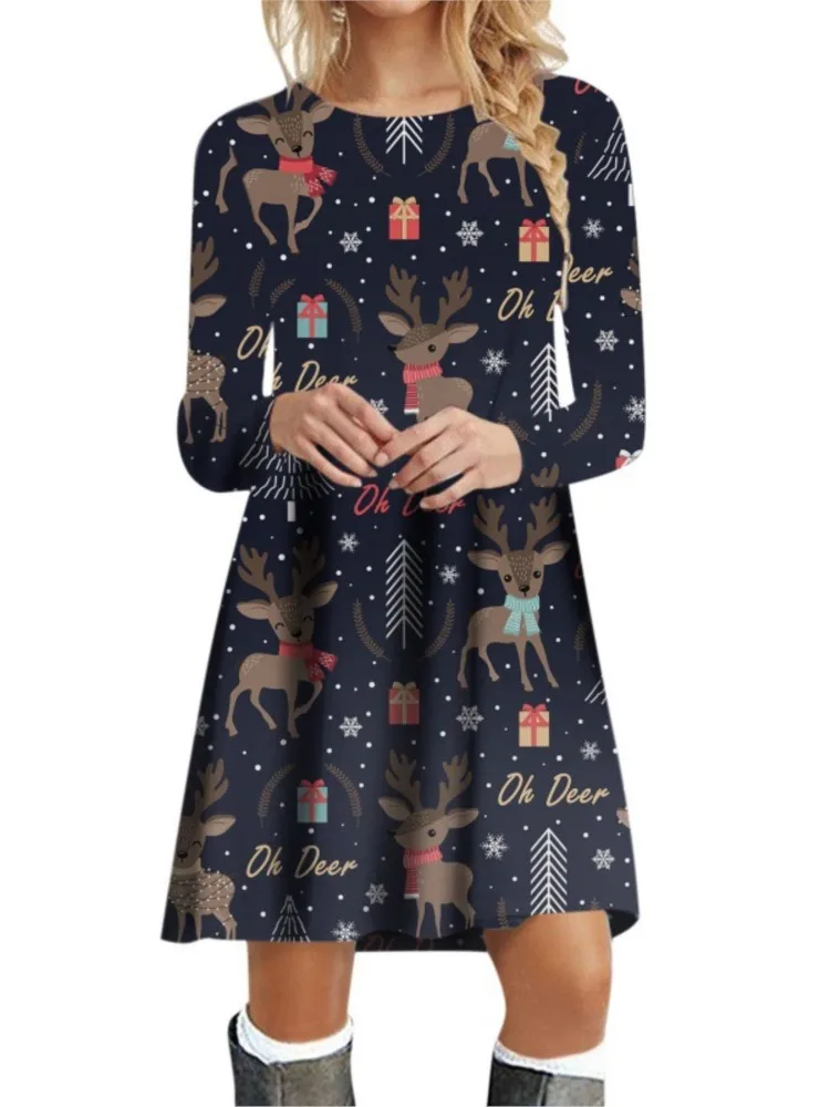 

2023 Christmas Print Dress Women Autumn Winter Long Sleeve O Neck Slim Loose A-line Dresses Robe Femme Oversize