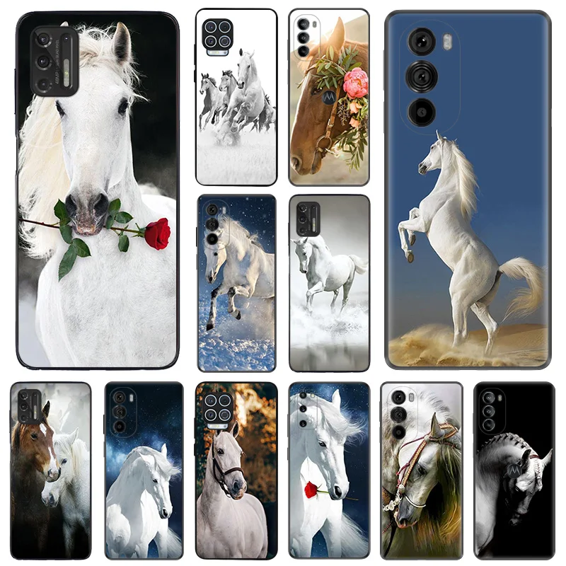 Custodie Morbide In Silicone Per Motorola Moto G53 G73 Edge 30 20 G82 G72 G52 G32 G22 G Stylus 5G G9 One Flower White Horse