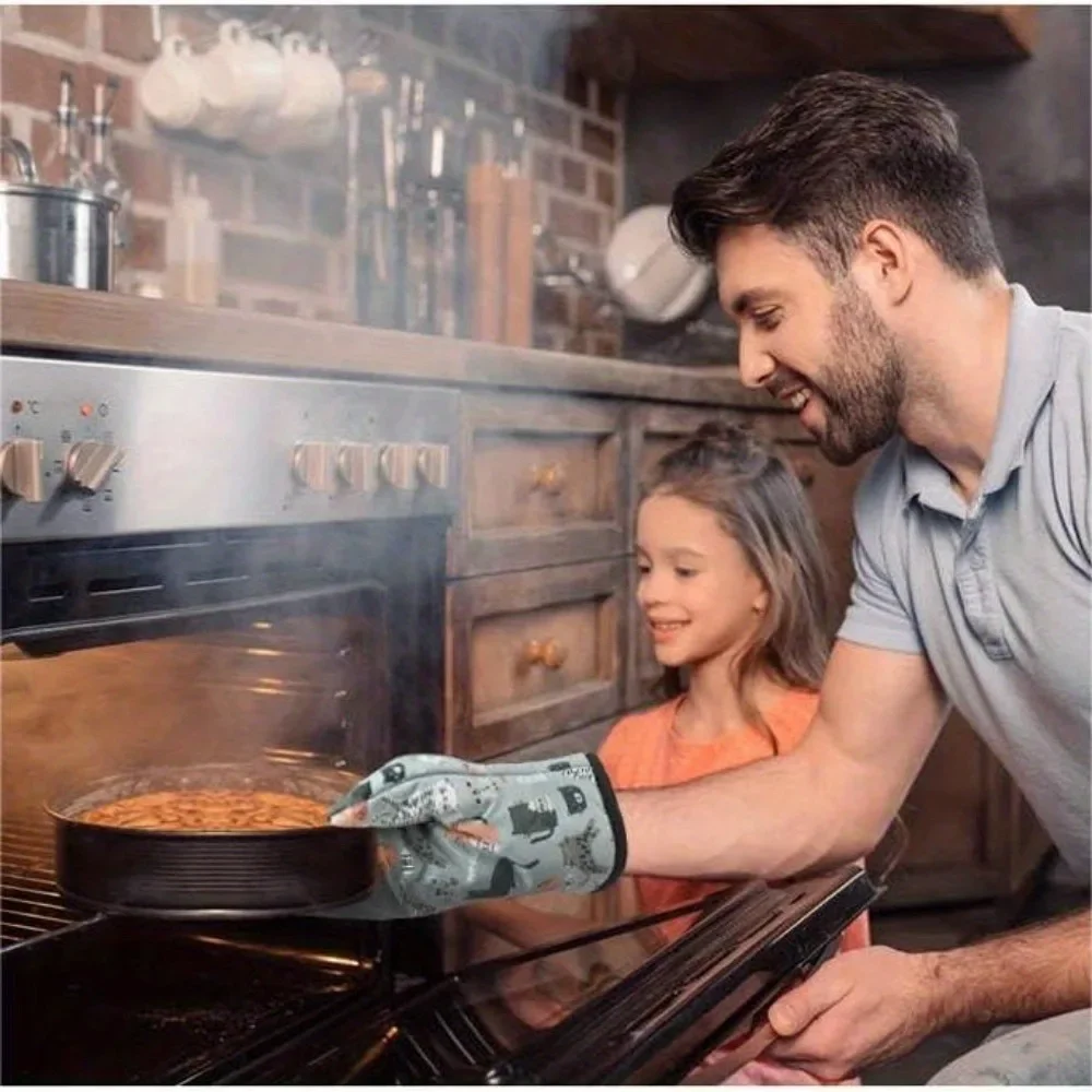 Cotton Kitchen Gloves Pot Holders Cat Pattern Double Thick Heat Resistant Anti-scald Cooking Oven Barbecue