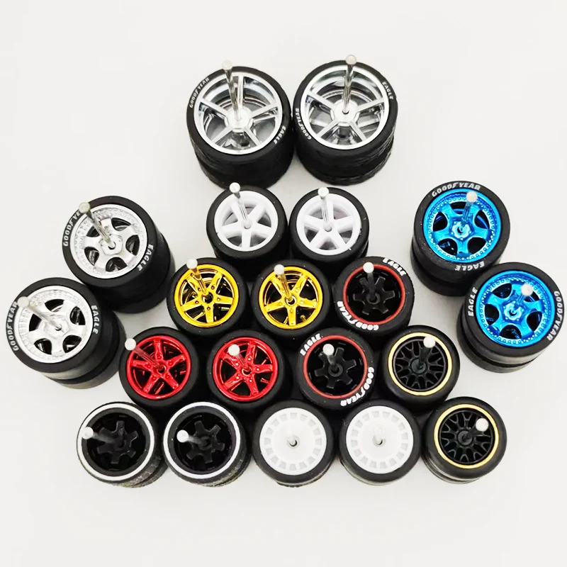 10세트 11/12/13/14/17mm 1/64 합금 자동차 휠 고무 타이어 HW/Matchbox/Domeka/Evo 1:64 자동차 모델 SUV 오프로드 트럭용 액슬 포함