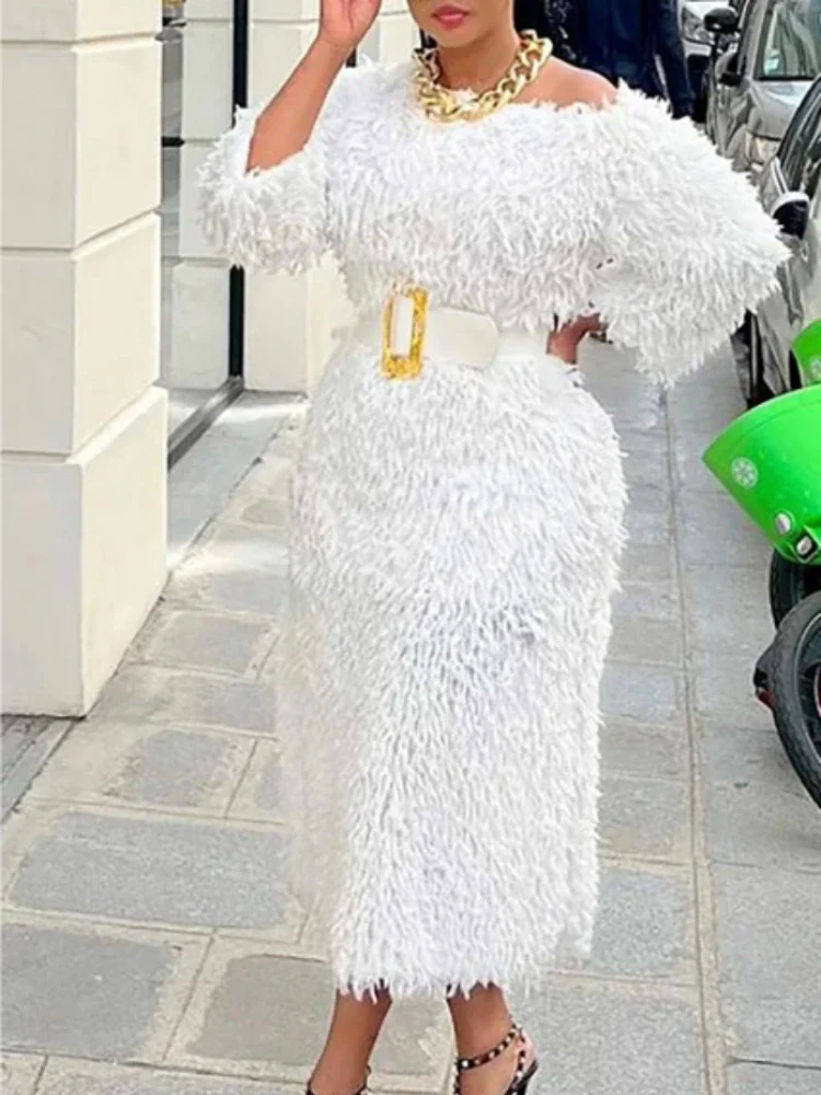 Women-White-Fur-Dresses-3-4-Sleeves-Tassel-Elegant-Fluffy-Midi-Dress ...
