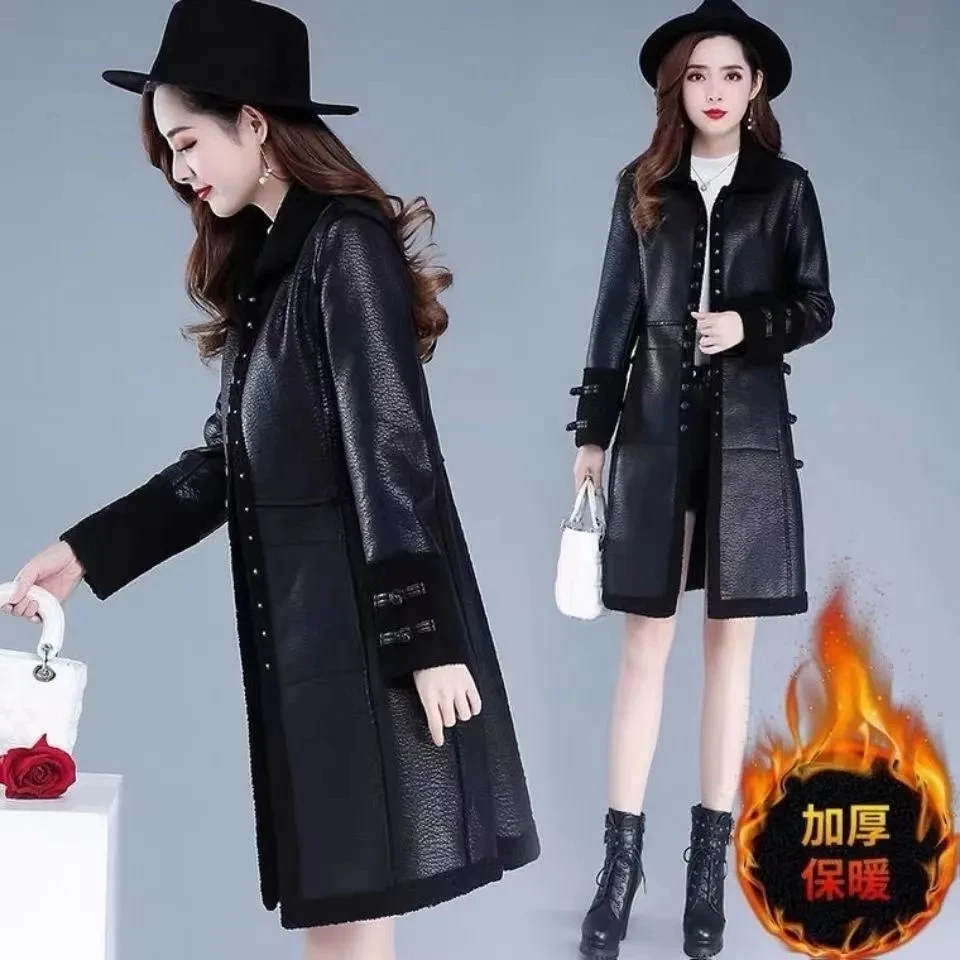 

PU Leather Coat Women 2023 Winter New Large Size Plus Fleece Thick Long Leather Jacket Fur One High-grade Thin Warm Trench Coats