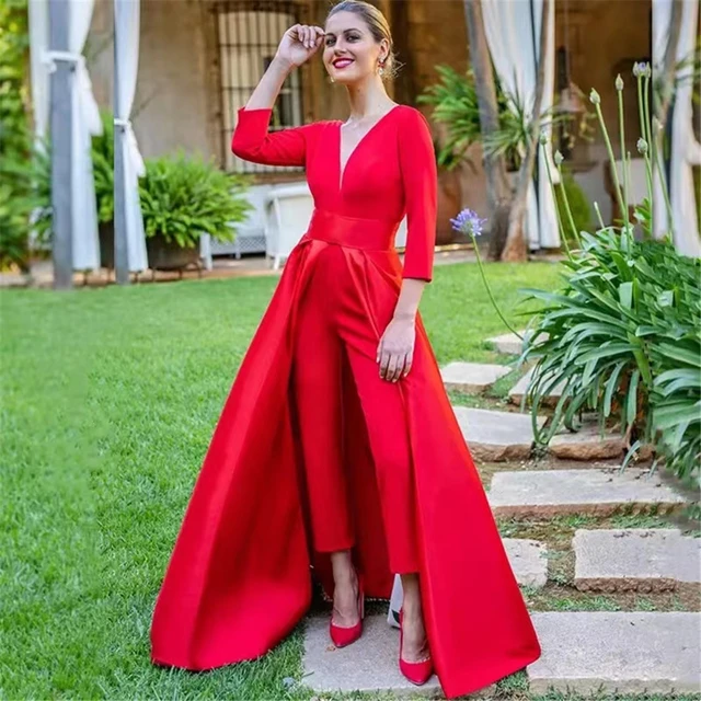 Sexy Red V-Neck Suits Evening Dress 2022 Women Pantsuits Prom Gown Backless  3/4 Sleeves Jumpsuits With Train Robes De Soirée - AliExpress