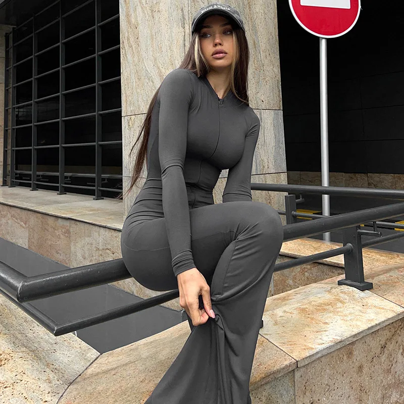 Women\'s 2023 Autumn and Winter New Long Sleeve Fashion Bell Pants Slim Fit Hot Girl Jumpsuit Casual Sports Pants Vestidos