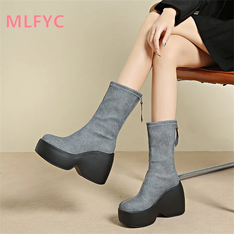 

Internet celebrity Spicy Girls Fashion Boots Autumn/Winter Short Boots Women's Thick Sole Mid Sleeve Boots Elastic Slim Boots